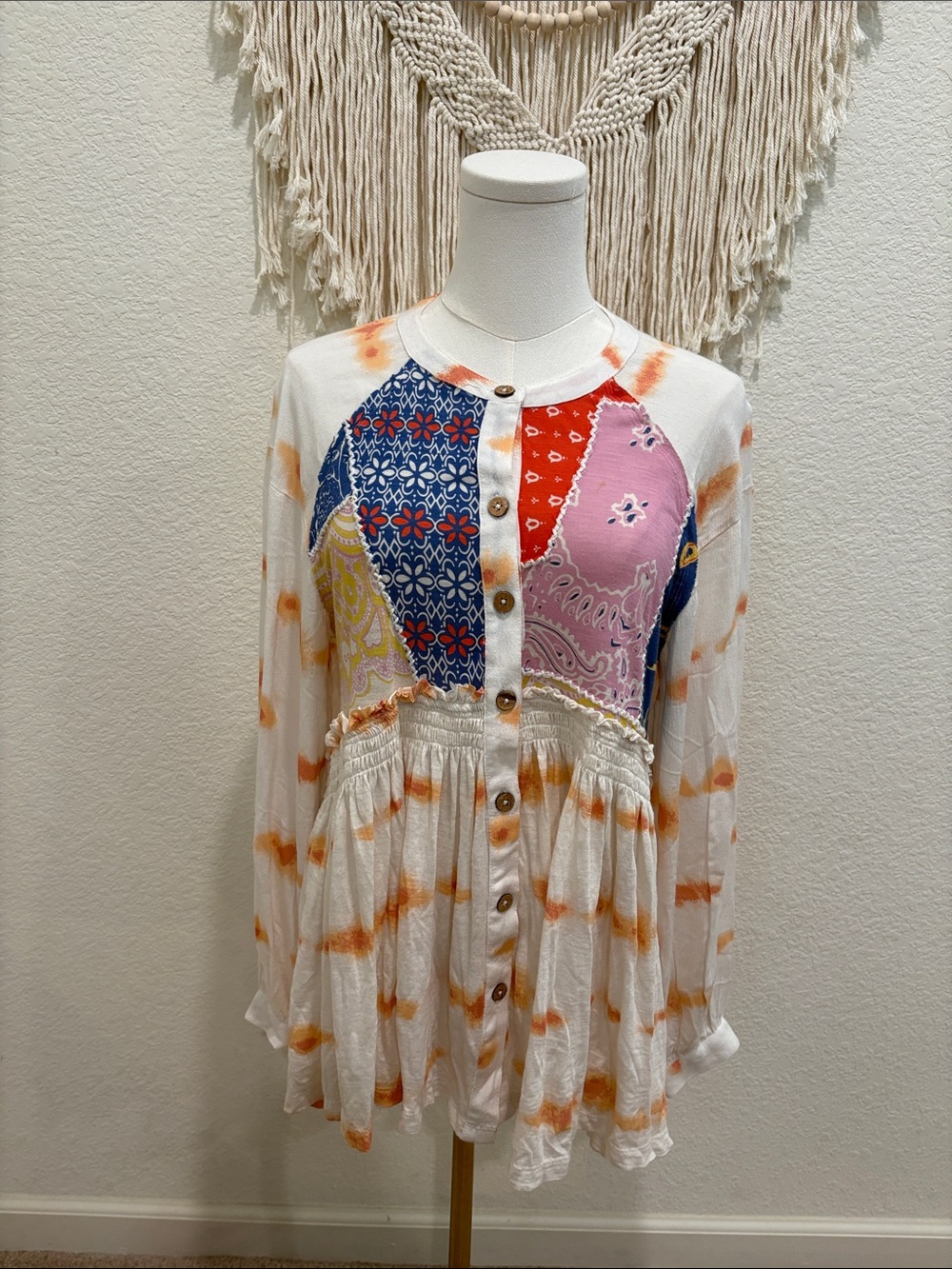 Free People White Orange Tie-Dye Patchwork Button Front Blouse